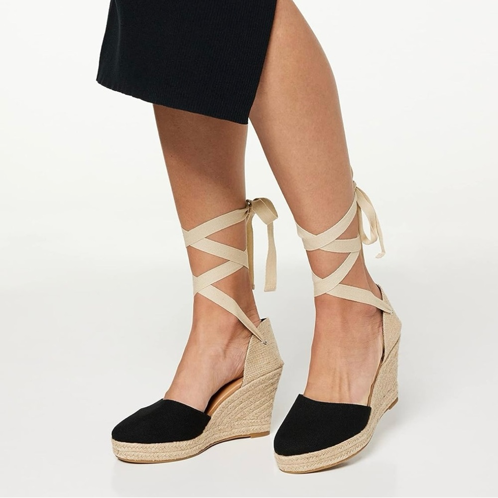 find. Women's Black and Beige Espadrille Wedge Sandals - Size 8